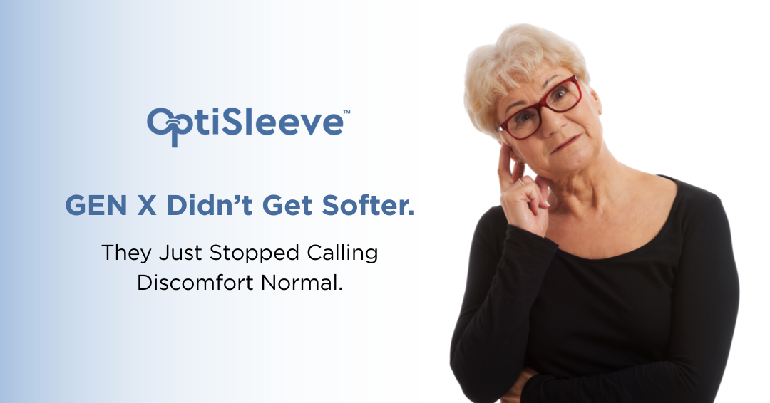 Older Gen X woman wearing red glasses and OptiStrips, tilting her head - OptiSleeve blog cover