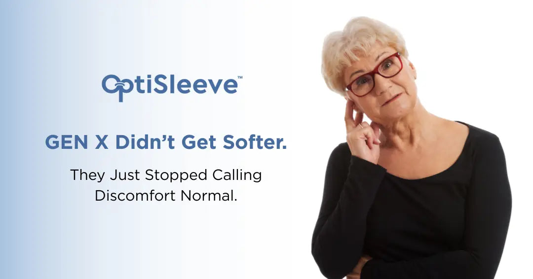 Older Gen X woman wearing red glasses and OptiStrips, tilting her head - OptiSleeve blog cover