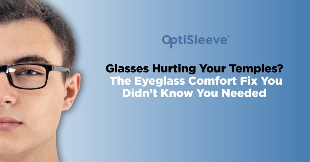 Close-up of glasses positioned on a person's temples, creating a whimsical visual of unconventional eyewear placement.