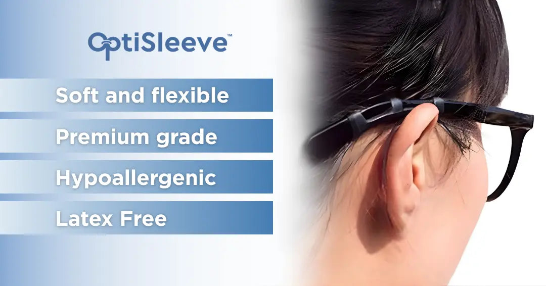 OptiSleeve banner showing eyeglass temple sleeves behind the ear, with features listed: soft and flexible, premium grade, hypoallergenic, latex free.
