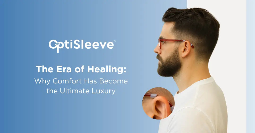 Profile of a man wearing red glasses with a clear OptiSleeve on the temple; blue gradient background and inset ear close-up