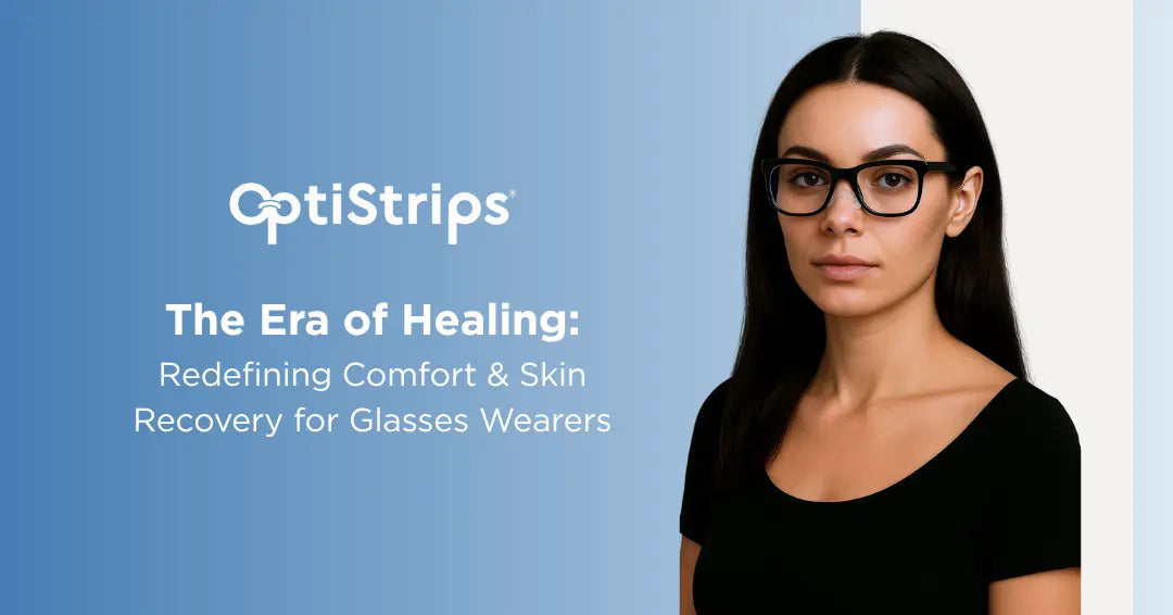 OptiStrips banner with woman in glasses and the text ‘The Era of Healing: Redefining Comfort and Skin Recovery for Glasses Wearers.’